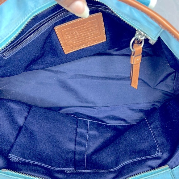 COACH Hampton aqua blue and white double handles nylon/satin satchel.  #F11993 - Picture 14 of 15